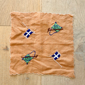 Vintage Embroidered Runner and Napkin featuring Evzone Soldiers, Flags & Folk Symbols