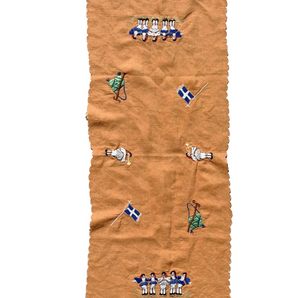 Vintage Embroidered Runner and Napkin featuring Evzone Soldiers, Flags & Folk Symbols